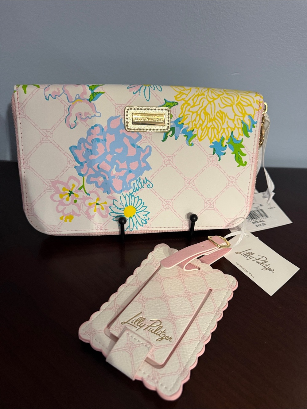 Lilly Pulitzer White Floral Travel Wallet with Pink, Blue & Yellow & luggage tag